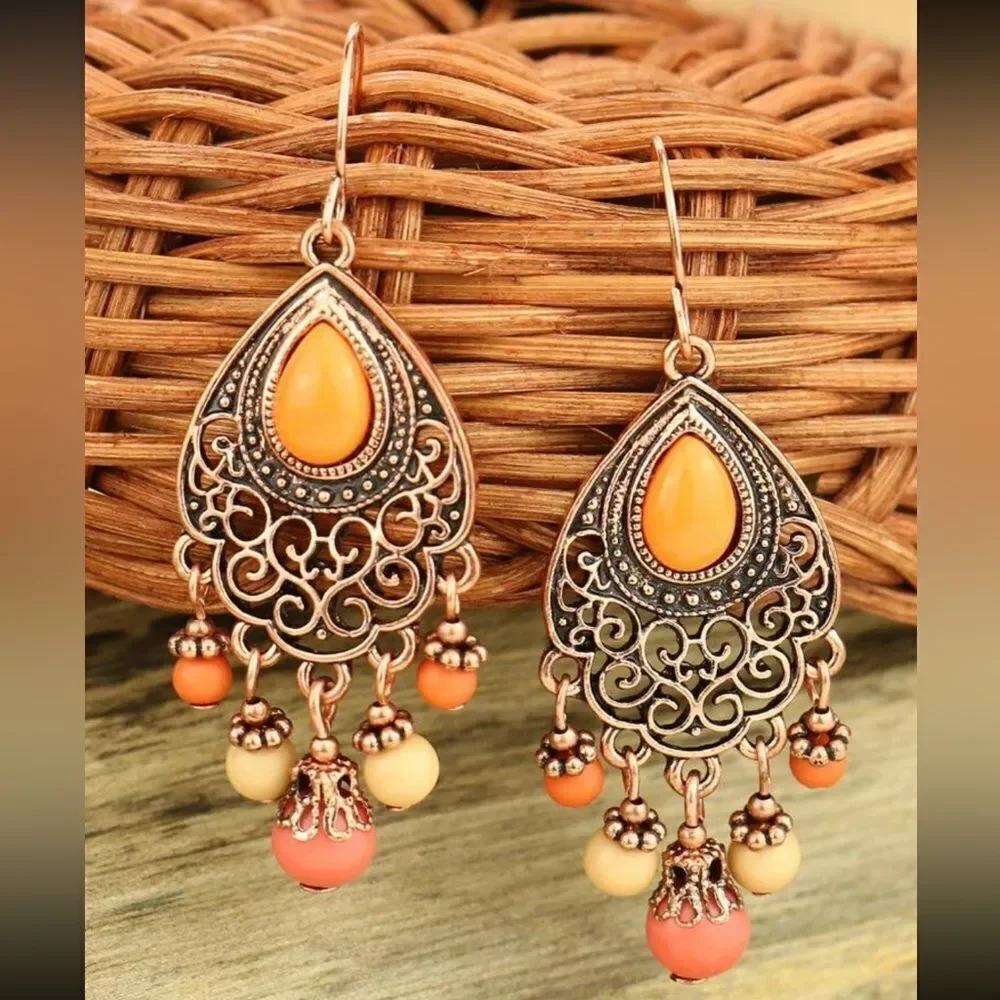 Zinc Alloy Vintage Bead Tassel Drop Earrings fall vibes autumn colors‎